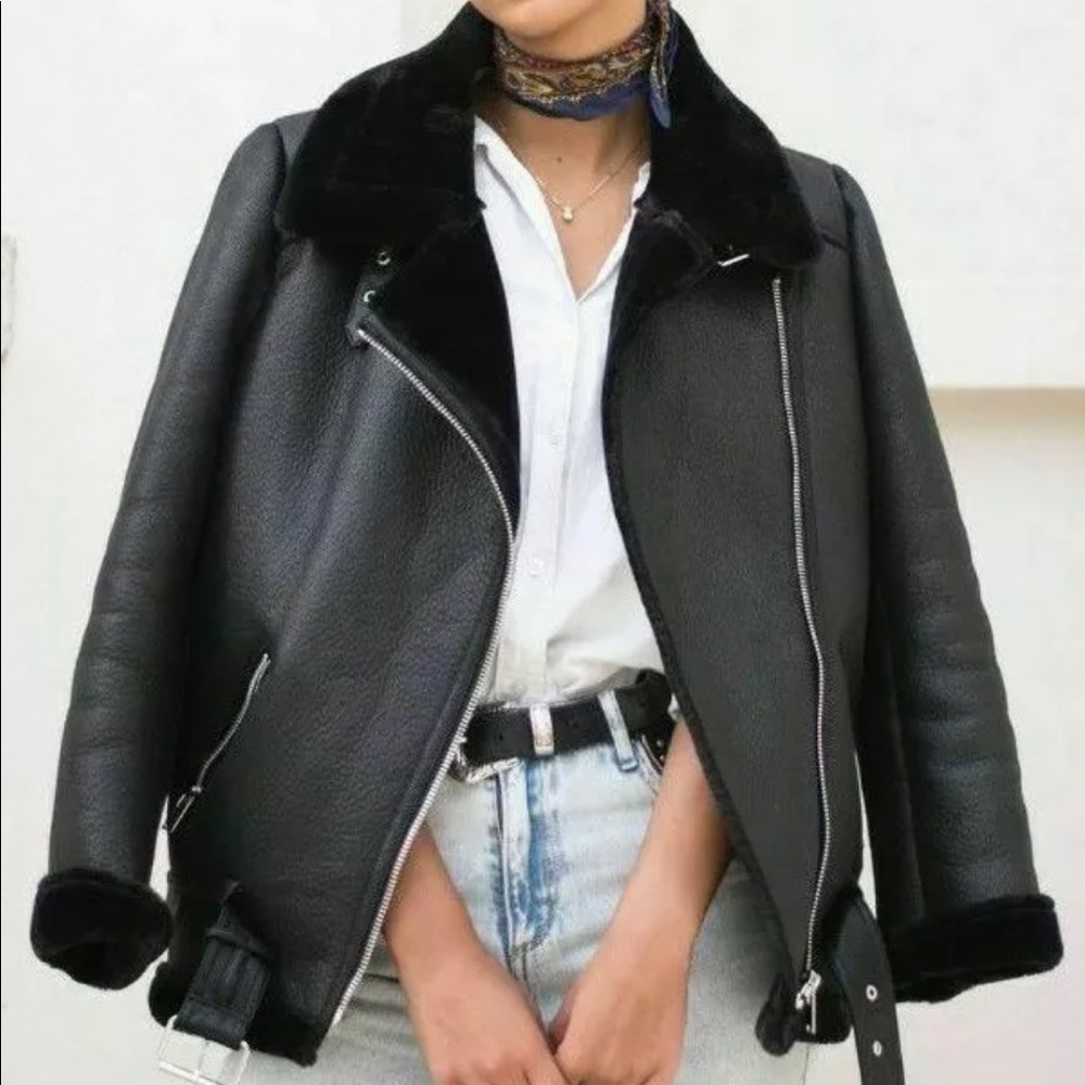 ZARA Woman Black Faux Leather Fur Lined Coat